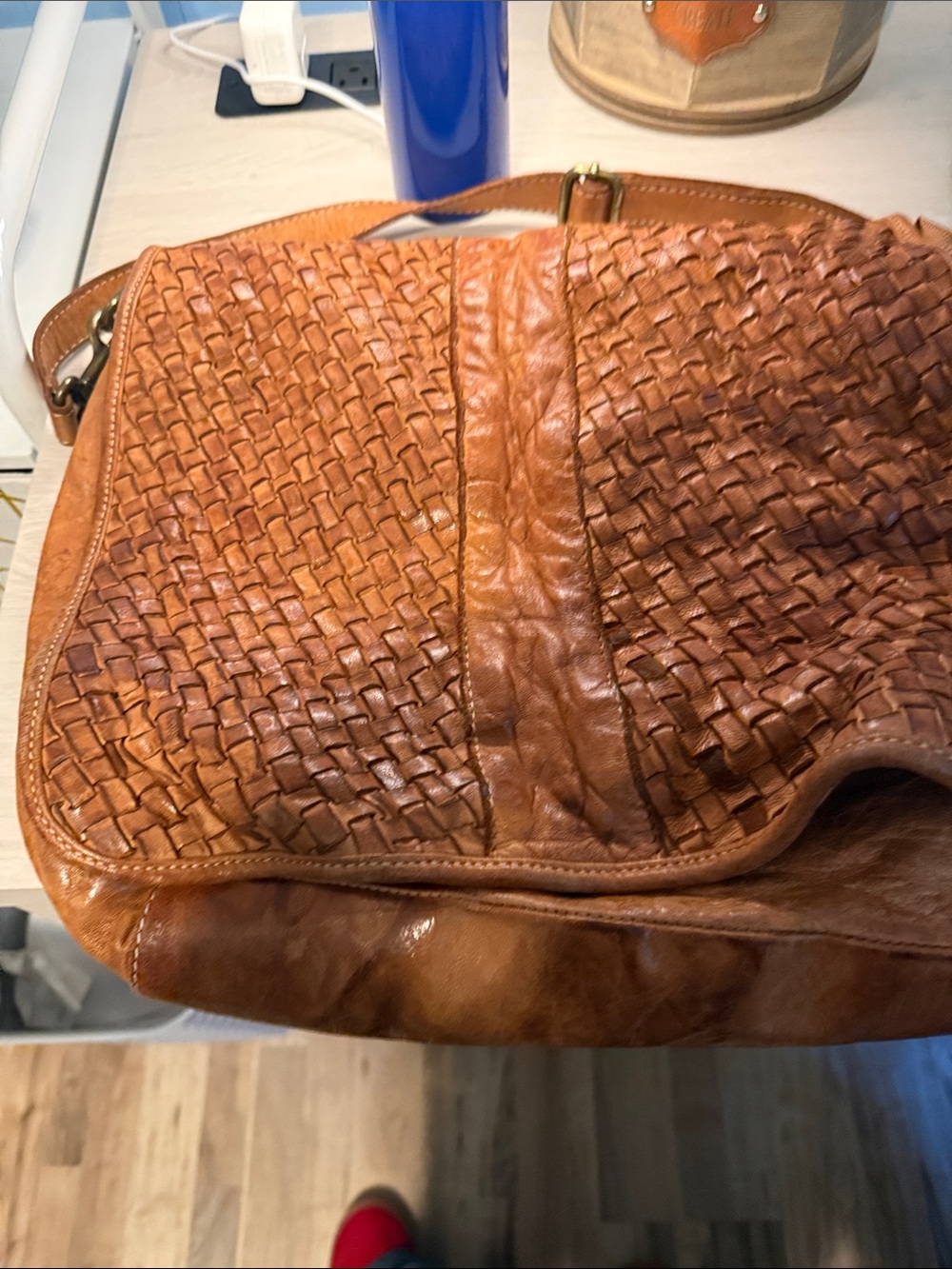 Woven Leather Shoulder Bag in Tan